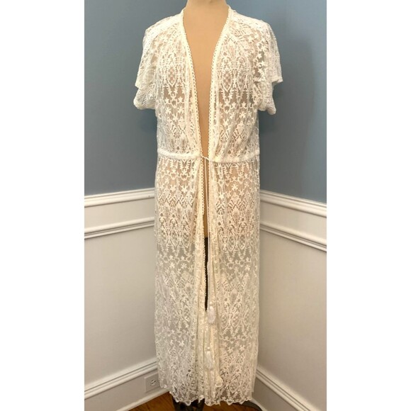Indigo Thread Lace Cardigan Womens 1X Long Kimono Embroidered Crochet Cover-Up - Picture 1 of 6